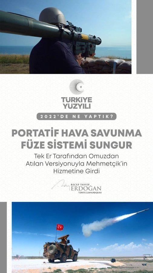 <p>Hava savunma f&uuml;ze sistemimiz Sungur&rsquo;u omuzdan atılan yeni portatif versiyonuyla Mehmet&ccedil;ik&rsquo;imizin hizmetine verdik.</p>
