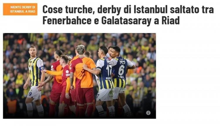 <p>İtalyan La Gazzetta Dello Sport gazetesi, ertelenen finali "Riyad'da Fenerbahçe ile Galatasaray arasındaki İstanbul derbisi iptal edildi" başlığıyla servis etti.</p>