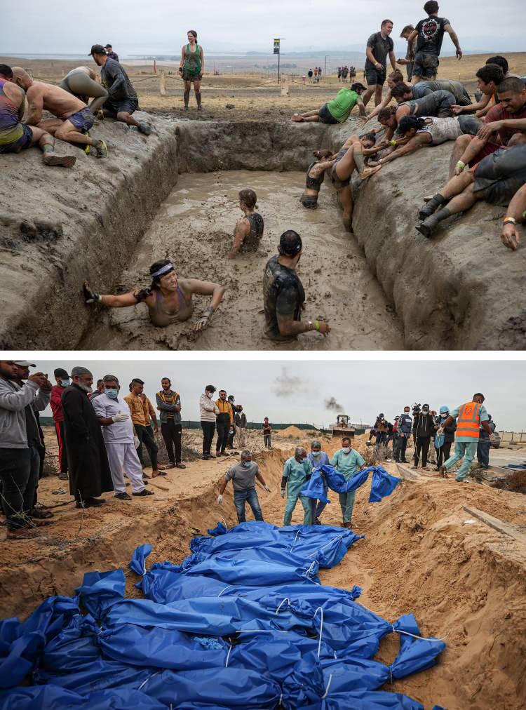 <p>ABD'nin Kaliforniya eyaletinde düzenlenen, dünyanın en zor koşusu olduğu kabul edilen "Tough Mudder" yarışmasına birçok sporcu akın etti. Eski bir terörle mücadele görevlisi tarafından oluşturulan etkinlikte sporcular, zorlu ve çamurlu birçok parkurda dayanıklılıklarını test etti. İsrail ordusunun Gazze Şeridi'ne yönelik saldırılarda hayatını kaybeden ve naaşları İsrail makamlarınca alıkonulan Filistinliler, İsrail tarafından Kızılhaç Örgütü yoluyla Gazze'deki ilgili makamlara teslim edildi. Cenazeleri teslim alınan 111 Filistinlinin naaşı, Han Hunus kentindeki mezarlıkta, toplu mezarda defnedildi</p>
