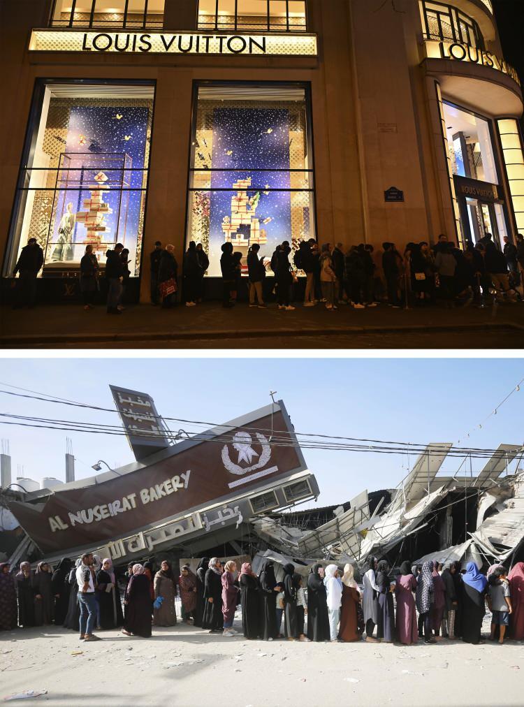 <p>Fransa'da yaklaşan yılbaşı ve Noel dolayısıyla başkent Paris sokakları ve mağaza vitrinleri ışıklı dekorlarla süslendi (üstte). İsrail ordusunun Gazze Şeridi'ne yönelik havadan, denizden ve karadan düzenlediği saldırılar nedeniyle kentte gıda sıkıntısı yaşanıyor. Nasirat Mülteci Kampı'ndaki bir ekmek fırını, daha önce vurulmasına rağmen hala kısmen çalışmayı sürdürüyor. Bölgede çalışan tek fırın olması nedeniyle Gazzeliler, ekmek alabilmek için uzun kuyruklar oluşturdu (altta)</p>