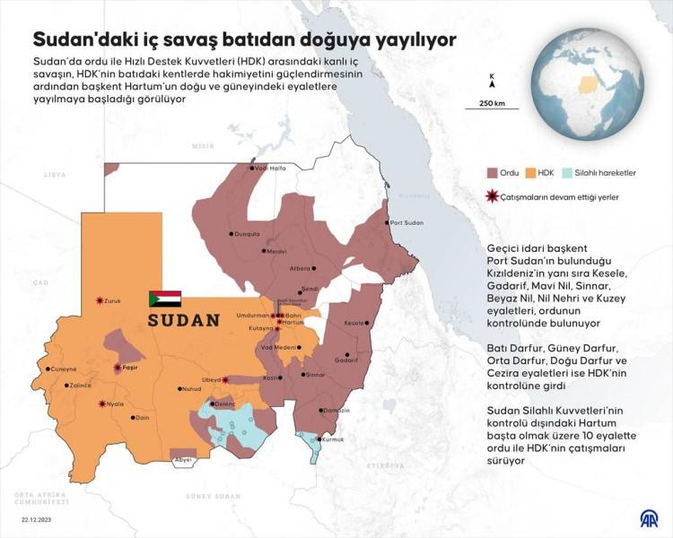 <p>Başkent Hartum ve çevresindeki Umdurman ve Bahri kentleri, batıdaki Darfur bölgesi ve güneydeki Kurdufan'ın aralarında olduğu yerler başta ve yoğun olmak üzere, ülkenin dört bir yanında iki taraf arasında çatışmalar yaşandı.</p>
