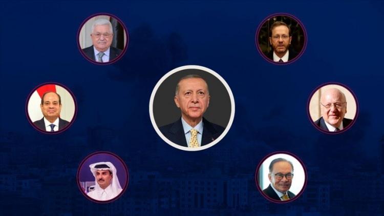 <p>Cumhurbaşkanı Erdoğan, 7 Ekim'de başlayan İsrail-Filistin çatışmasıyla ilgili olarak dünya liderleriyle telefon diplomasisi yürüterek, tüm aktörleri barışın tesisi için adım atmaya çağırdı.</p>
