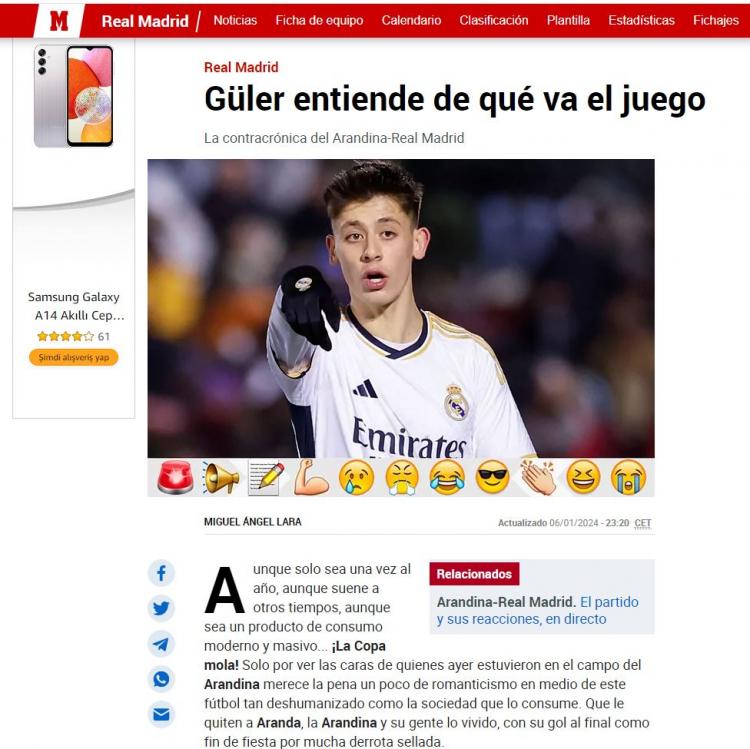 <p><strong>MARCA: SAF BİR KALİTE </strong><br />
<br />
"Arda Güler topla ve topsuz oyunda, bir sonraki pası tahmin etmede ve oyunu hızlandırma konusunda kalitesini konuşturdu. Arda Güler en saf haliyle bir kalite."</p>
