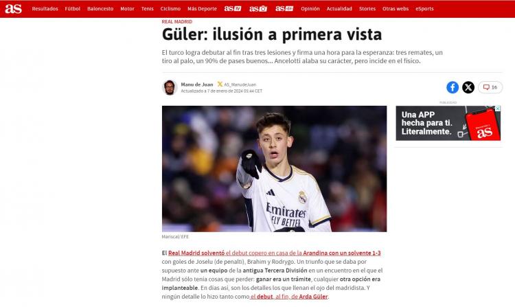 <p> </p>

<p><strong>AS: KENDİNDEN ÇOK EMİN</strong><br />
"Arda Güler saha içinde kendinden çok emin. Gol atamadı ama Türk futbolcu, onu daha çok görmek istememizi sağladı."</p>

<p> </p>
