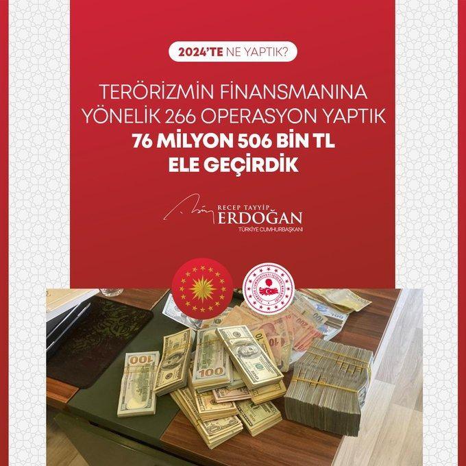 <p>Terörizmin finansmanına yönelik yaptığımız operasyonlarda 76 milyon 506 bin TL ele geçirdik.</p>