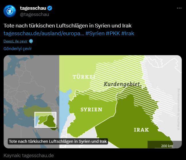 <p>Gazete Türkiye topraklarını da içeren bölgenin üzerine 'Kürdistan' notunu düştü.</p>