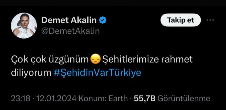 <p><strong>DEMET AKALIN</strong></p>

<p>"&Ccedil;ok &ccedil;ok &uuml;zg&uuml;n&uuml;m. Şehitlerimize rahmet diliyorum."</p>
