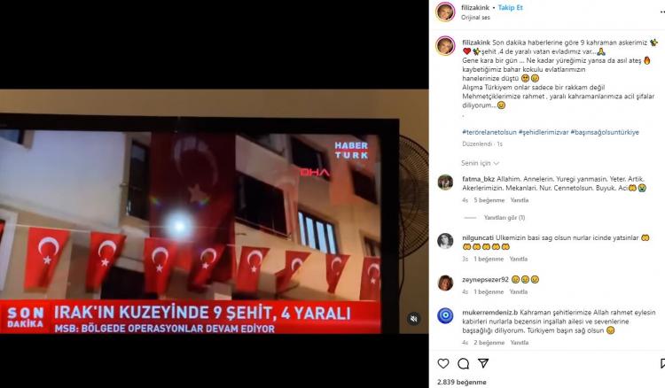 <p><span style="color:#000000"><strong>FİLİZ AKIN</strong></span></p>

<p><span style="color:#800000"><em><strong>"Son dakika haberlerine göre 9 kahraman askerimiz şehit ,4 de yaralı vatan evladımız var…<br />
Gene kara bir gün … Ne kadar yüreğimiz yansa da asıl ateş kaybetiğimiz bahar kokulu evlatlarımızın<br />
hanelerinize düştü.<br />
Alışma Türkiyem onlar sadece bir rakkam değil Mehmetçiklerimize rahmet , yaralı kahramanlarımıza acil şifalar diliyorum…"</strong></em></span></p>
