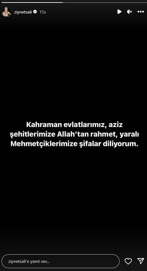 <p><span style="color:#000000"><strong>ZİYNET SALİ</strong></span></p>

<p><span style="color:#800000"><em><strong>"Kahraman evlatlarımız, aziz şehitlerimize Allah'tan rahmet, yaralı Mehmet&ccedil;iklerimize şifalar diliyorum."</strong></em></span></p>
