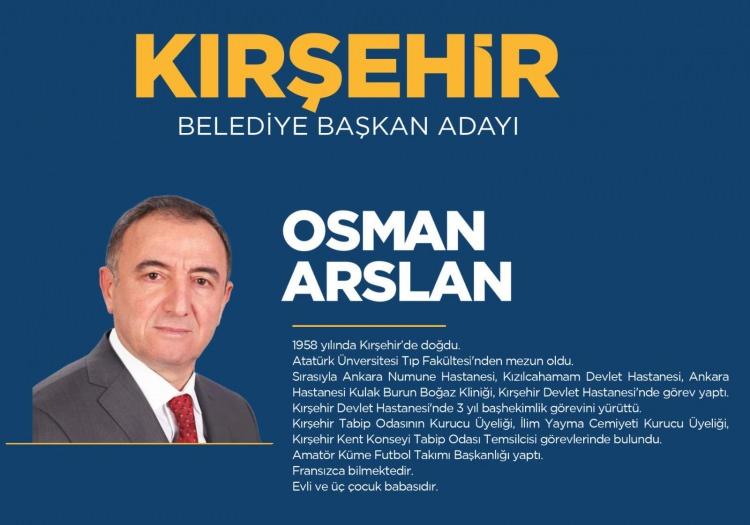 <p><strong>KIRŞEHİR</strong></p>

<p>Kırşehir Belediye Başkan Adayı Osman Arslan</p>

<p><strong>OSMAN ARSLAN KİMDİR?</strong></p>

<p>AK Parti'nin 28. Dönem Milletvekili Adayı Osman Arslan, Kırşehir'de uzun yıllardır doktorluk yaptı.</p>
