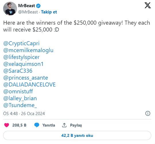 <p>MrBeast çekişini sonuçlarını yine bir paylaşım yaparak duyurdu. Paylaşımda listenin 2. sırasında  Twich yayınları da yapan Cemil Kemaloğlu ismi görüldü. </p>
