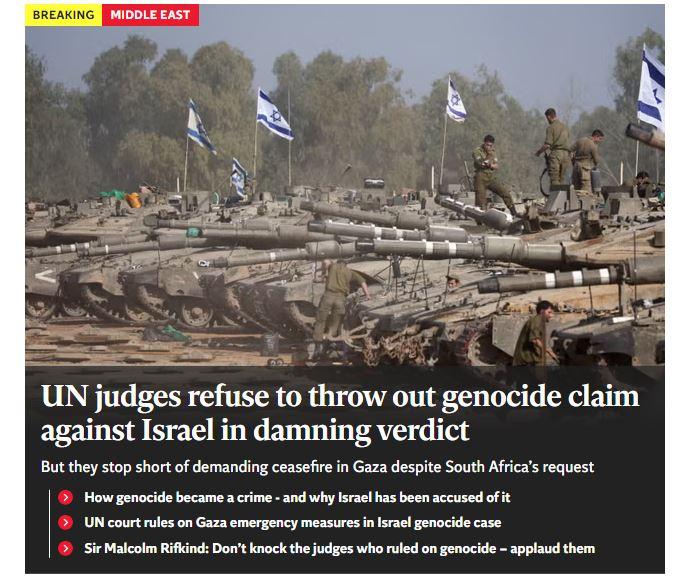 <p>The Independent, kararı, <em><strong>"UAD İsrail'e Gazze'de soykırımı önleme hükmü verdi ancak ateşkes talebinde bulunmadı."</strong></em> başlığıyla gördü.</p>
