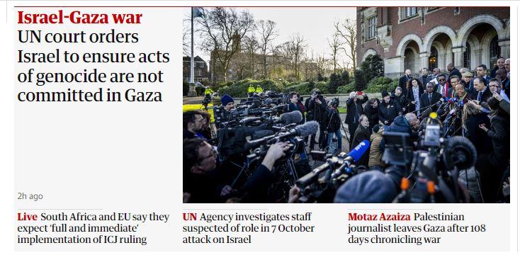 <p>The Guardian başlığında <em><strong>"Uluslararası Adalet Divanı İsrail'e Gazze'de soykırımı önleme hükmü verdi"</strong></em> ifadelerine yer verdi.</p>
