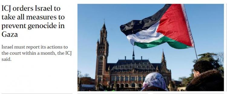 <p>Strait Times, <em><strong>"UAD, Güney Afrika'nın İsrail'i soykırım yapmakla suçlamasının ardından merakla beklenen bir kararla, İsrail'in Gazze'de soykırımı önlemek için elinden gelen tüm tedbirleri almasına hükmetti"</strong></em> manşetini attı.</p>
