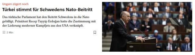 <p><strong>DER SPİEGEL</strong></p>
<p>Alman Der Spiegel dergisi önemli gelişmeyi "Türkiye İsveç'in NATO'ya katılmasını istiyor" başlığıyla servis etti. Haberde "Cumhurbaşkanı Recep Tayyip Erdoğan, onayı ABD'den modern savaş uçaklarının teslim edilmesine bağladı." ifadelerine yer verildi.</p>