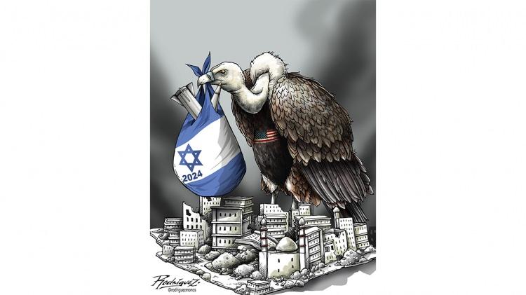 <p>Karikatürist Antonio Rodríguez`in "Gazze`de yeni yıl" olarak duyurduğu çizimi. Gazze`ye 2024 ABD`nin desteğiyle İsrail`in bombaları olarak geldi.</p>
<p> </p>