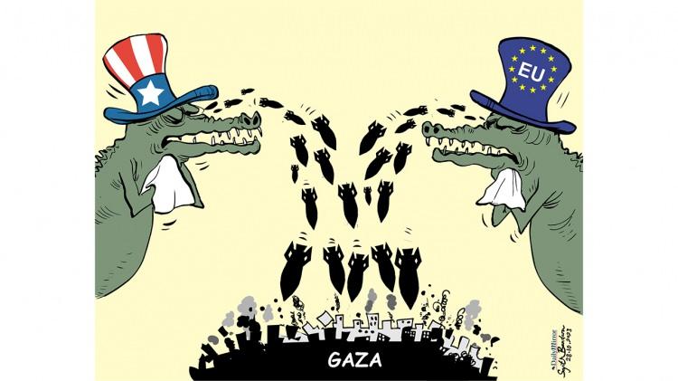 <p>ABD ve Avrupa Birliği`nin Gazze için döktüğü "timsah gözyaşları" Karikatürist: Sajith Bandara</p>
<p> </p>