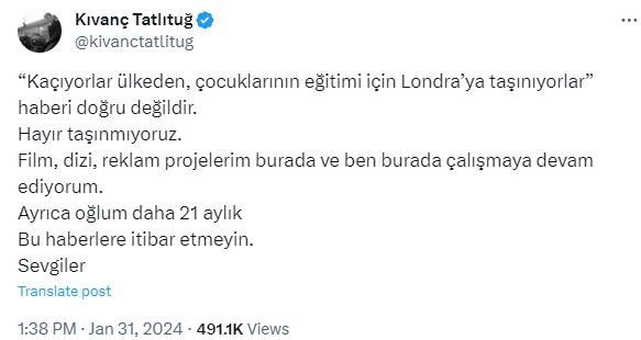 <p>Ünlü oyuncu X hesabından <em><strong>"Kaçıyorlar ülkeden, çocuklarının eğitimi için Londra’ya taşınıyorlar' haberi doğru değildir. Hayır taşınmıyoruz. Film, dizi, reklam projelerim burada ve ben burada çalışmaya devam ediyorum. <br />
Ayrıca oğlum daha 21 aylık<br />
Bu haberlere itibar etmeyin. Sevgiler"</strong></em> dedi.</p>