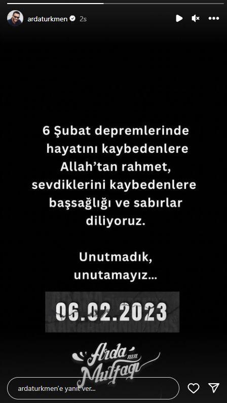 <p>ARDA TÜRKMEN</p>

<p>"6 Şubat depreminde hayatını kaybedenlere Allah'tan rahmet, sevdiklerini kaybedenlere başsağlığı ve sabırlar diliyoruz. Unutmadık, unutamayız."</p>
