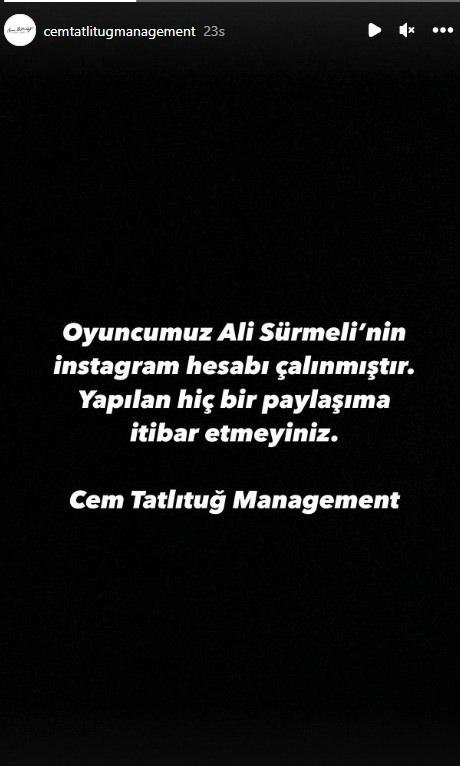 <p><span style="color:#8B4513"><em><strong>"HİÇBİR PAYLAŞIMA İTİBAR ETMEYİNİZ"</strong></em></span></p>
<p><span style="color:#000000"><strong>Ortaya atılan iddiaların sosyal medyada yayılmasının ardından oyuncunun menajerlik şirketi iddialar ile ilgili yaptığı paylaşımda </strong></span><span style="color:#8B4513"><strong><em>"Oyuncumuz Ali Sürmeli'nin instragram hesabı çalınmıştır. Yapılan hiçbir paylaşıma itibar etmeyiniz."</em></strong></span><span style="color:#000000"><strong> ifadelerine yer verildi.</strong></span></p>