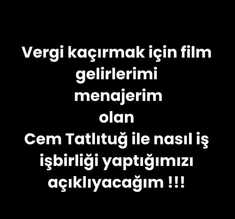 <p><em><span style="color:#8B4513"><strong>"VERGİ KAÇIRMAK İÇİN..."</strong></span></em></p>
<p><span style="color:#000000"><strong>Sürmeli'nin vergi kaçırdığı iddia edilen bir diğer paylaşımda ise şu ifadeler kullanıldı:</strong></span></p>
<p><span style="color:#8B4513"><em><strong>"Vergi kaçırmak için film gelirlerimi menajerim olan Cem Tatlıtuğ ile nasıl iş işbirliği yaptığımızı açıklıyacağım. Menajerim Cem Tatlıtuğ'un kız arkadaşının adına şirket üzerinden diziler ve sinema filmleri için anlaştığım ücretin yüzde 50'si resmi olarak bana geliyordu. Kalan yüzde 50 miktar oğlum Eren Sürmeli hesabına ve elden veriliyordu."</strong></em></span></p>