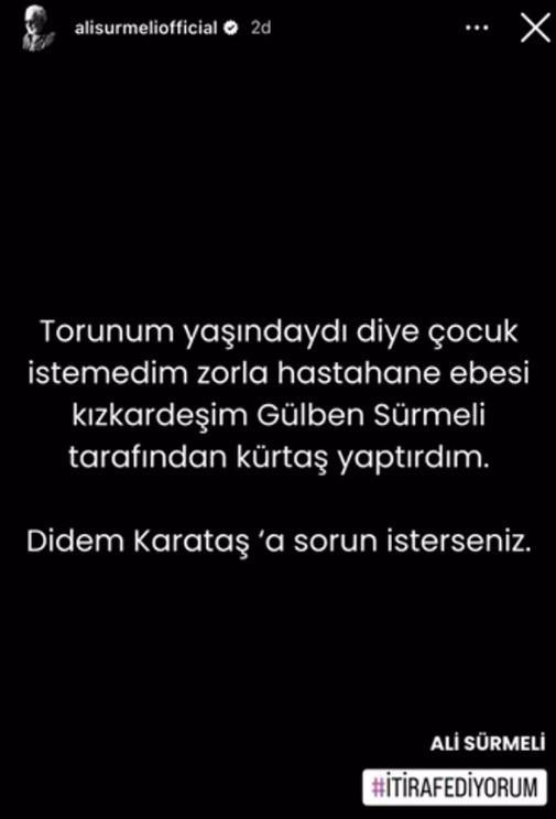 <p><span style="color:#8B4513"><em><strong>"TORUNUM YAŞINDAYDI"</strong></em></span></p>
<p><span style="color:#000000"><strong>Kısa bir süre sonra yeni bir paylaşım yapılarak bu sefer de Sürmeli'nin oyuncu </strong></span><span style="color:#8B4513"><strong>Didem Karataş</strong></span><span style="color:#000000"><strong>'ı kürtaj yaptırmaya zorladığı ileri sürülerek </strong></span><span style="color:#8B4513"><strong><em>"Torunum yaşındaydı diye çocuk istemedim. Zorla hastane ebesi kız kardeşim Gülben Sürmeli tarafından kürtaj yaptırdım"</em></strong></span><span style="color:#000000"><strong> ifadeleri kullanıldı.</strong></span></p>