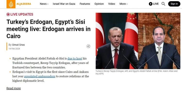 <p>El Cezire ise haberi <a href="https://www.haber7.com/sondakika" target="_blank">son dakika</a> gelişmeleri ile vererek<strong> "Mısır Cumhurbaşkanı Abdülfettah el-Sisi, iki ülke arasında yıllardır süren ilişkilerin ardından Türk mevkidaşı Recep Tayyip Erdoğan'ı ağırlayacak .Erdoğan'ın Mısır ziyareti, Kahire ve Ankara'nın geçen yıl ilişkileri en yüksek diplomatik düzeyde yeniden canlandırmak için büyükelçi atamasından bu yana ilk ziyaret oldu.</strong>" ifadelerini kullandı.</p>