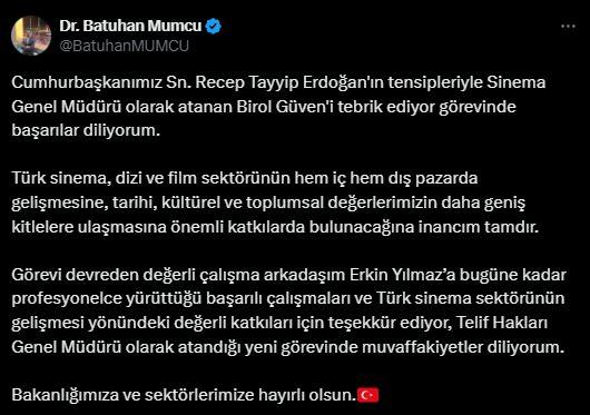 <p><em><strong>"Birol Güven'e görevinde başarılar diliyorum"</strong></em></p>

<p><em>Cumhurbaşkanımız Sn. Recep Tayyip Erdoğan'ın tensipleriyle Sinema Genel Müdürü olarak atanan Birol Güven'i tebrik ediyor görevinde başarılar diliyorum.</em></p>

