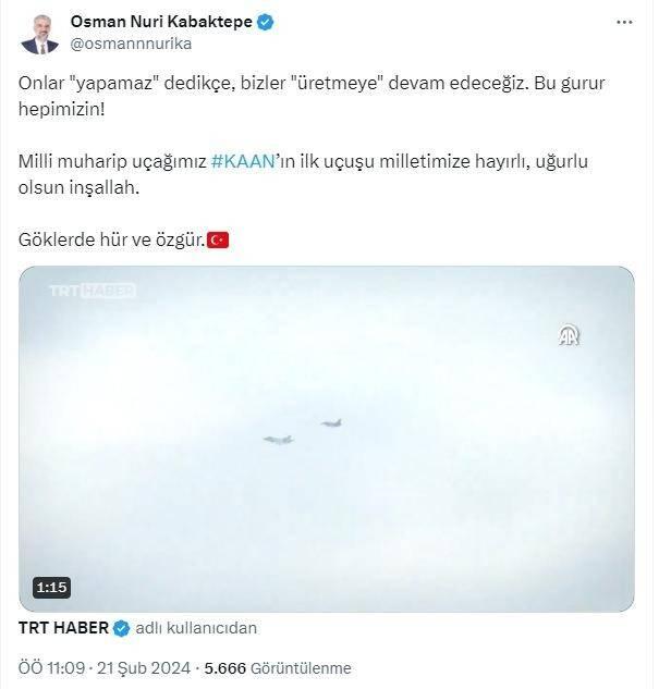 <p><span style="color:#B22222"><strong>OSMAN NURİ KABAKTEPE: GÖKLERDE HÜR VE ÖZGÜR</strong></span></p>

<p> </p>

<p>AK Parti İstanbul İl Başkanı Osman Nuri Kabaktepe, coşkusunu <strong>"Göklerde hür ve özgür"</strong> ifadesiyle kutladı:</p>
