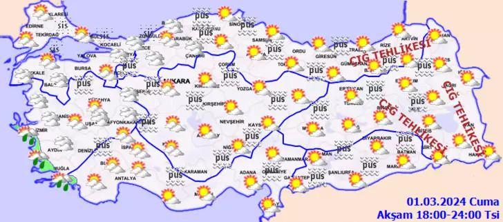 <p><strong>İÇ ANADOLU </strong></p>

<p>Parçalı ve az bulutlu zamanla çok bulutlu geçeceği tahmin ediliyor. Sabah ve gece saatlerinde yer yer yoğun olmak üzere pus, yer yer sis bekleniyor.</p>

<p>ANKARA °C, 19°C Parçalı ve az bulutlu zamanla çok bulutlu</p>

<p>ESKİŞEHİR °C, 19°C Parçalı ve az bulutlu zamanla çok bulutlu</p>

<p>KONYA °C, 17°C Parçalı ve az bulutlu zamanla çok bulutlu</p>

<p>SİVAS °C, 17°C Parçalı ve az bulutlu</p>

<p><strong>BATI KARADENİZ </strong></p>

<p>Parçalı ve az bulutlu zamanla çok bulutlu geçeceği tahmin ediliyor. Sabah ve gece saatlerinde yer yer yoğun olmak üzere pus, yer yer sis bekleniyor.</p>

<p>BOLU °C, 20°C Parçalı ve az bulutlu zamanla çok bulutlu</p>

<p>DÜZCE °C, 24°C Parçalı ve az bulutlu zamanla çok bulutlu, puslu ve yer yer sisli</p>

<p>SİNOP °C, 13°C Parçalı ve az bulutlu</p>

<p>ZONGULDAK °C, 11°C Parçalı ve az bulutlu zamanla çok bulutlu, puslu ve yer yer sisli</p>

<p><strong>ORTA VE DOĞU KARADENİZ </strong></p>

<p>Parçalı ve az bulutlu geçeceği tahmin ediliyor. Sabah ve gece saatlerinde yer yer yoğun olmak üzere pus, yer yer sis bekleniyor. Doğu Karadeniz'in kar örtüsüne sahip eğimli yamaçlarında çığ tehlikesi bulunmaktadır.</p>

<p>AMASYA °C, 22°C Parçalı ve az bulutlu</p>

<p>SAMSUN °C, 13°C Parçalı ve az bulutlu</p>

<p>TOKAT °C, 20°C Parçalı ve az bulutlu</p>

<p>TRABZON °C, 13°C Parçalı ve az bulutlu</p>
