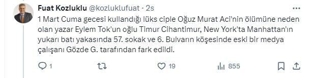 <p>1 Mart Cuma gecesi kullandığı lüks ciple Oğuz Murat Aci'nin ölümüne neden olan yazar Eylem Tok'un oğlu Timur Cihantimur, New York'ta Manhattan'ın yukarı batı yakasında 57. sokak ve 6. Bulvarın köşesinde eski bir medya çalışanı Gözde G. tarafından fark edildi.</p>

<p> </p>
