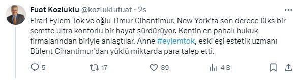 <p>"Firari Eylem Tok ve oğlu Timur Cihantimur, New York'ta son derece lüks bir semtte ultra konforlu bir hayat sürdürüyor. Kentin en pahalı hukuk firmalarından biriyle anlaştılar. Anne #eylemtok, eski eşi estetik uzmanı Bülent Cihantimur'dan yüklü miktarda para talep etti.</p>

<p> </p>
