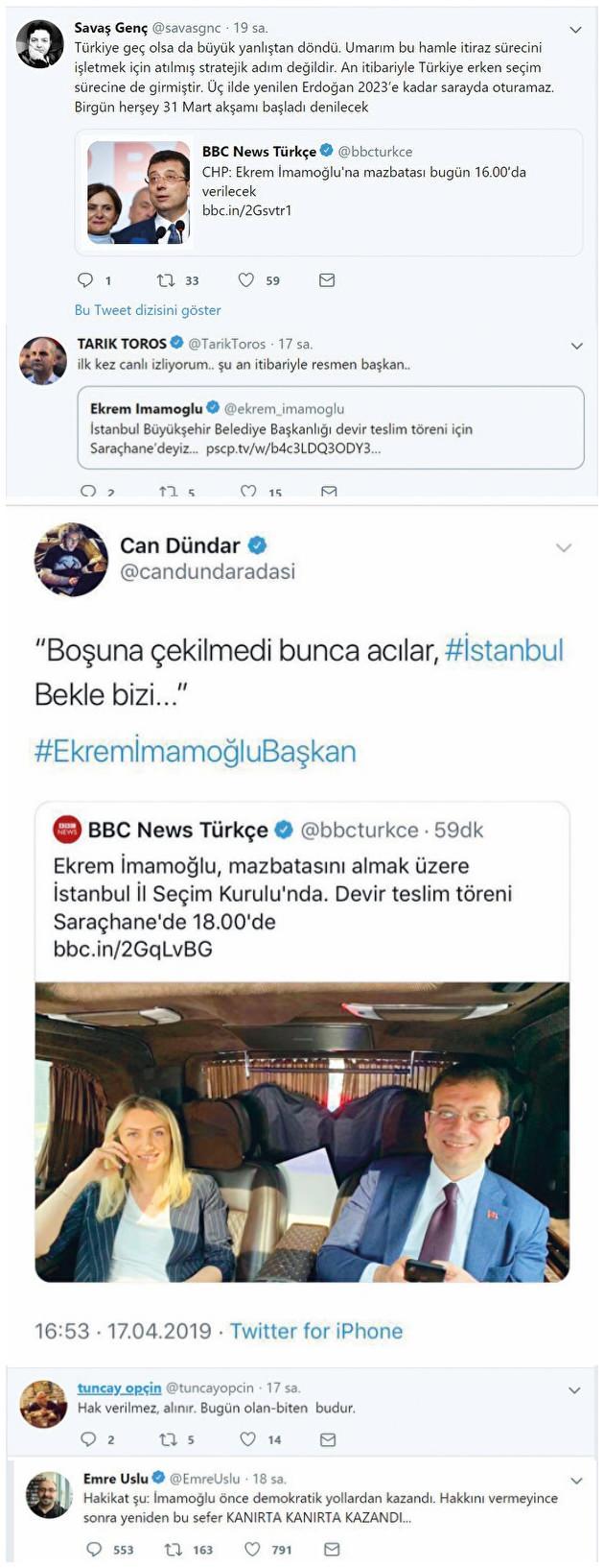 <p>İmamoğlu’nun mazbatayı almasına en çok FETÖ’cüler sevindi. Hakan Şükür, İmamoğlu’nu tebrik ederken Emre Uslu, Tarık Toros, Önder Aytaç ve Tuncay Opçin’in aralarında olduğu birçok firari sevinçlerini gizlemeyerek "İstanbul bekle bizi" mesajları paylaştı. </p>
