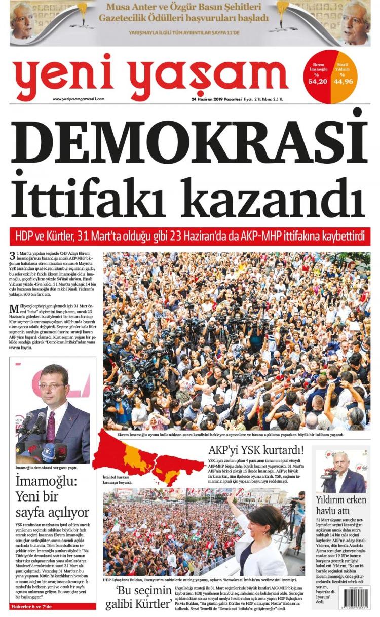 <p>Terör örgütü PKK’ya yakınlığıyla bilinen Yeni Yaşam Gazetesi, “Demokrasi ittifakı kazandı’ manşetiyle çıktı. PKK’ya yakınlığıyla bilinen Amed Dicle isimli sözde gazeteci, “Afrin’in bedeli İstanbul oldu. Her biji İstanbul” paylaşımında bulundu. HDP Eş Genel Başkanı Pervin Buldan da, “Bu günün galibi Kürtler ve HDP olmuştur” diyerek, İstanbul’un kendileri tarafından yönetileceğinin işaret fişeğini verdi. (YENİ AKİT 25.06.2019)</p>