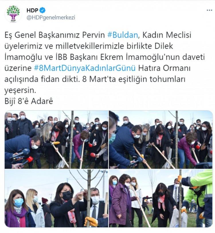 <p>İBB Başkanı Ekrem İmamoğlu, 8 Mart Dünya Kadınlar Günü etkinliği kapsamında belediyenin Büyükçekmece’de oluşturduğu 8 Mart Hatıra Ormanı’na, eşi Dilek İmamoğlu, HDP Eş Genel Başkanı Pervin Buldan ve CHP İstanbul İl Başkanı Canan Kaftancıoğlu’yla birlikte fidan dikti. (Milliyet 9.03.2021)</p>
