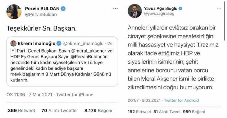 <p>İBB Başkanı Ekrem İmamoğlu, İyi Parti Genel Başkanı Meral Akşener ve HDP Eş Genel Başkanı Pervin Buldan'ı etiketleyerek 8 Mart Dünya Kadınlar Günü'nü sosyal medya hesabından yaptığı paylaşım ile kutladı. İyi Partililer ve Akşener tepki gösterdi. Buldan teşekkür etti. (9.03.2021)</p>