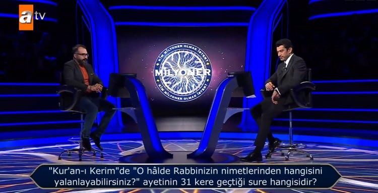 <p><span style="color:#000000"><strong>300 Bin TL değerindeki soru "Kur'an-ı Kerim" de "O halde Rabbinizin nimetlerinden hangisini yalanlayabilirsiniz?" ayetinin 31 kere geçtiği sure hangisidir?" şeklindeydi.</strong></span></p>
