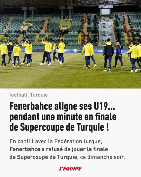 <p>Le Quipe: (Fransa)<br />
<br />
“Fenerbahçe, Türkiye Federasyonu ile anlaşmazlığa düştüğü için bu pazar akşamı Türkiye Süper Kupası finalini oynamayı reddetti. U19 takımı sahayı terk etmeden önce Galatasaray'a 1-0 yenildi.”</p>
