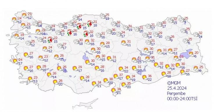 <p>25 NİSAN HAVA DURUMU</p>
<p>Perşembe günü hava sıcaklıkları doğu kesimlerinde etkisini sürdürmeye devam ederken; yurdun bazı kesimlerinde aralıklı yağış kendisini gösterecek. </p>