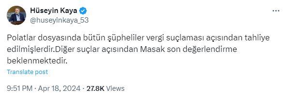 <p><span style="color:#FF0000">AVUKATLARI DUYURDU</span></p>

<p>Çiftin avukatı Hüseyin Kaya kararı<strong> sosyal medya hesabından duyurarak açıklama yaptı.</strong></p>

<p>Kaya, hesabından yaptığı açıklamada, <strong>"Polatlar dosyasında bütün şüpheliler vergi suçlaması açısından tahliye edilmişlerdir. Diğer suçlar açısından MASAK son değerlendirme beklenmektedir." </strong>ifadelerine yer verdi.</p>
