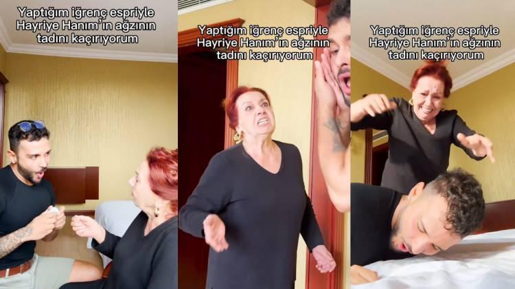 <p>"Yaptığım iğrenç espriyle Hayriye Hanım'ın ağzının tadını kaçırıyorum" başlıklı videoda, Fikret karakterinin "Tuzluk uzamıyor." esprini yeniden ele aldılar.</p>

<p>Bu espriye çok sinirlenen Hayriye Hanım, yine dizideki bir başka sahneyi fenomenin üzerinde uyguladı.</p>
