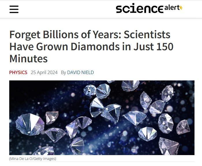 <p>Sciencealert'in haberine göre bilim adamları bir ilki başardı.</p>

<p> </p>

<p>Bildiğiniz gibi doğal elmasların yeraltındaki aşırı basınç ve sıcaklıklarda oluşması milyarlarca yıl alıyor.</p>
