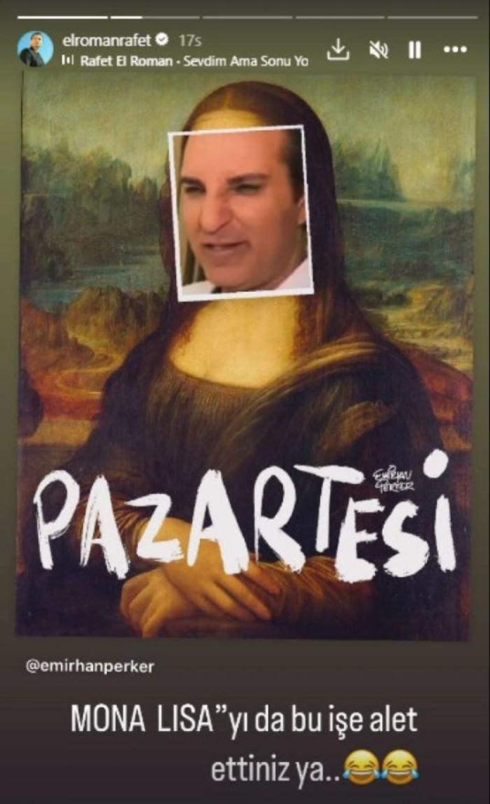 <p><strong>Mona Lisa ve Rafet El Roman'ın birleştiği kareyi paylaşan ünlü isim, altına  "Mona Lisa'yı da bu işe alet ettiniz ya" yazdı. </strong></p>

<p> </p>
