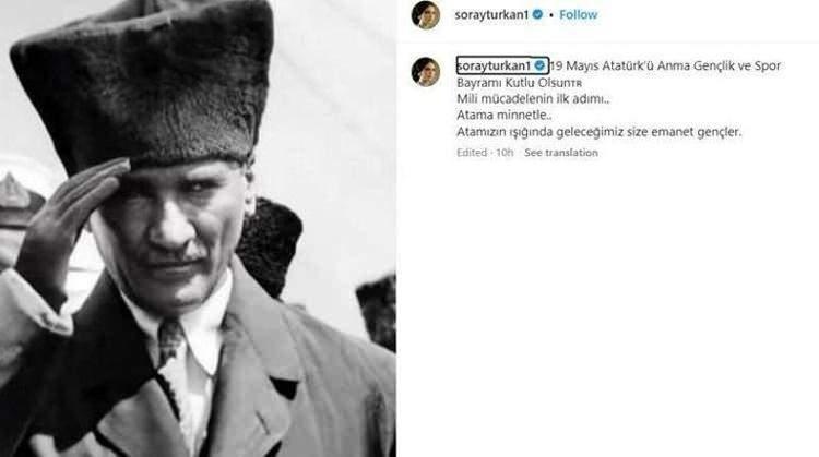 <p><span style="color:#B22222"><strong>TÜRKAN ŞORAY </strong></span></p>

<p><strong>"19 Mayıs Atatürk’ü Anma Gençlik ve Spor Bayramı Kutlu Olsun. Milli mücadelenin ilk adımı... Atam'a minnetle. Atamızın ışığında geleceğimiz size emanet gençler."</strong></p>
