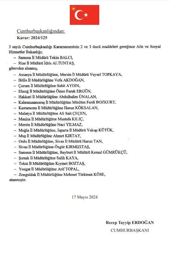 <p>Aile ve Sosyal Hizmetler Bakanlığı Samsun İl Müdürlüğüne Tekin Balcı, Amasya İl Müdürlüğüne Mersin İl Müdürü Veysel Topkaya, Bitlis İl Müdürlüğüne Vefa Akdoğan, Çorum İl Müdürlüğüne Sahit Aydın, Elazığ İl Müdürlüğüne Ömer Faruk Ergün, Hakkari İl Müdürlüğüne Abdulhalim Ünalan, Kahramanmaraş İl Müdürlüğüne Müslüm Ferdi Bozkurt, Kastamonu İl Müdürlüğüne Harun Köksalan, Malatya İl Müdürlüğüne Ali Sait Çeçen, Manisa İl Müdürlüğüne Mustafa Kılıç, Mersin İl Müdürlüğüne Naci Yılmaz, Muğla İl Müdürlüğüne Isparta İl Müdürü Yakup Kütük, Muş İl Müdürlüğüne Ahmet Kırtay, Ordu İl Müdürlüğüne Sivas İl Müdürü Harun Tan, Sivas İl Müdürlüğüne Özgür Kırmızıtaş, Samsun İl Müdürlüğüne Bayburt İl Müdürü Kemal Gümrükçü, Şırnak İl Müdürlüğüne Salih Kaya, Tokat İl Müdürlüğüne Kıymet Boztaş, Yozgat İl Müdürlüğüne Arif Topal ve Zonguldak İl Müdürlüğüne Mehmet Türkmen Köse atandı. Rize İl Müdürü İdris Altuntaş, görevden alındı.</p>

<p> </p>
