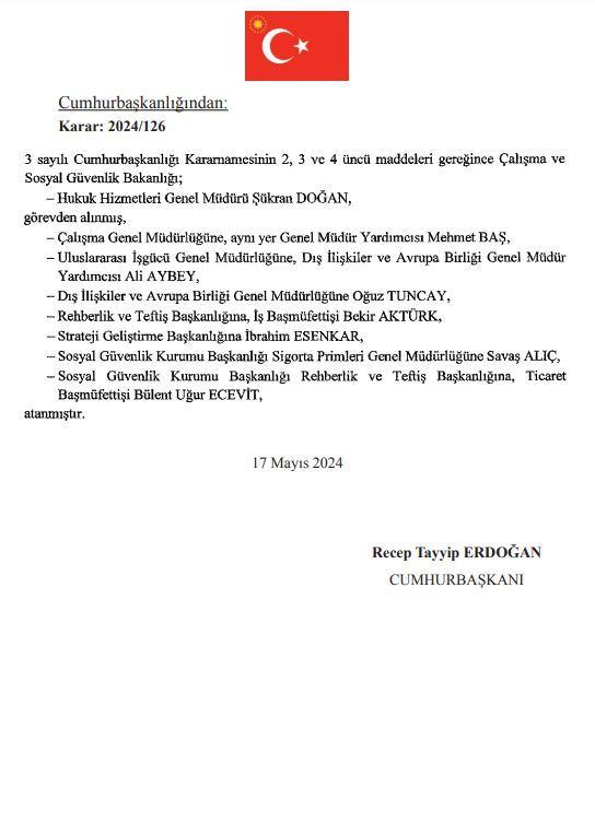 <p><strong>ÇALIŞMA VE SOSYAL GÜVENLİK BAKANLIĞI</strong></p>

<p>Çalışma ve Sosyal Güvenlik Bakanlığı Hukuk Hizmetleri Genel Müdürü Şükran Doğan görevden alındı.</p>

<p>Çalışma Genel Müdürlüğüne aynı yer Genel Müdür Yardımcısı Mehmet Baş, Uluslararası İşgücü Genel Müdürlüğüne Dış İlişkiler ve Avrupa Birliği Genel Müdür Yardımcısı Ali Aybey, Dış İlişkiler ve Avrupa Birliği Genel Müdürlüğüne Oğuz Tuncay, Rehberlik ve Teftiş Başkanlığına İş Başmüfettişi Bekir Aktürk, Strateji Geliştirme Başkanlığına İbrahim Esenkar, Sosyal Güvenlik Kurumu Başkanlığı Sigorta Primleri Genel Müdürlüğüne Savaş Alıç, Sosyal Güvenlik Kurumu Başkanlığı Rehberlik ve Teftiş Başkanlığına Ticaret Başmüfettişi Bülent Uğur Ecevit atandı.</p>
