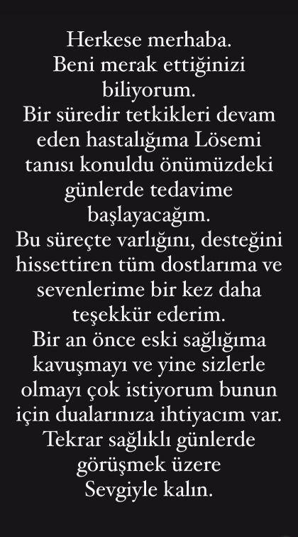 <p><strong>İskender, "Herkese merhaba, beni merak ettiğinizi biliyorum. Bir süredir tetkikleri devam eden hastalığıma lösemi tanısı konuldu. Önümüzdeki günlerde tedavime başlayacağım. Bu süreçte varlığını, desteğini hissettiren tüm dostlarıma ve sevenlerime bir kez daha teşekkür ederim</strong></p>
