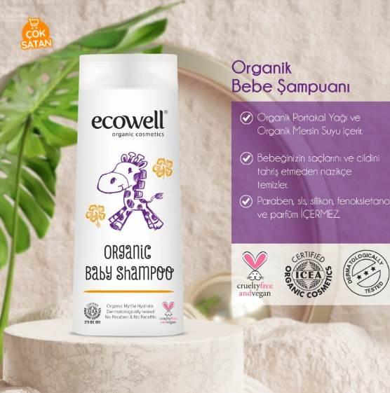 <p><span style="color:#800080"><strong>ECOWELL ORGANİK BABY SHAMPOO</strong></span></p>

<p>263 TL</p>

<p><strong>Özellikleri:</strong></p>

<p>Dermatolojik olarak test edilmiştir.</p>

<p>Hayvanlar üzerinde test edilmemiştir.</p>

<p>Geri dönüşümlü veya tekrar kullanılabilir ambalaja sahiptir.</p>

<p>Paraben, Silikon, Zararlı Sentetik Kimyasallar, SLS ve SLES, Renklendirici, Parafin içermez.</p>
