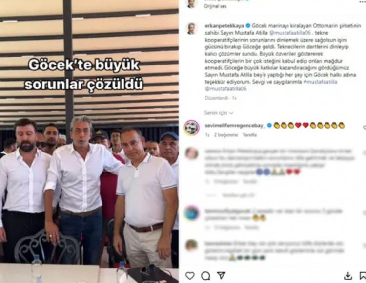 <p><strong>Petekkaya yeni paylaşımında "Göcek marinayı kiralayan Ottomarin şirketinin sahibi Sayın Mustafa Atilla , tekne kooperatifçilerinin sorunlarını dinlemek üzere sağ olsun işini gücünü bırakıp Göcek'e geldi. </strong></p>
