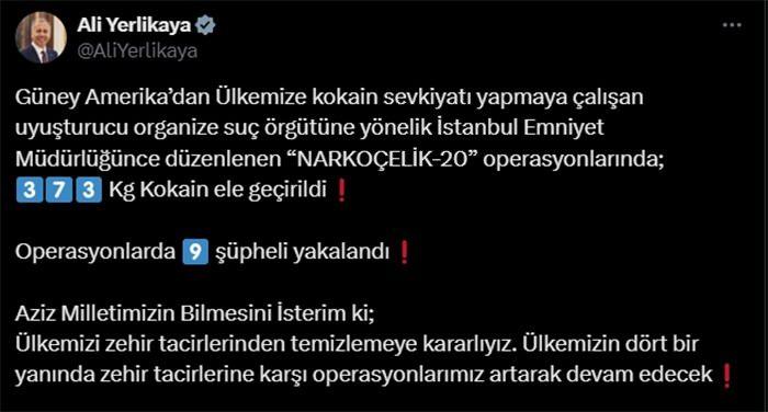 <p>Edinilen bilgiye göre, Güney Amerika ülkelerinden Kolombiya merkezli bir uyuşturucu karteli tarafından Türkiye'ye sevkiyat yapmaya çalışan kokain kaçakçılarına yönelik İstanbul ve Bursa'da düzenlenen operasyon, dün İçişleri Bakanı Ali Yerlikaya tarafından duyurulmuş, 9 zehir tacirinin yakalandığı açıklanmıştı.</p>
<p></p>